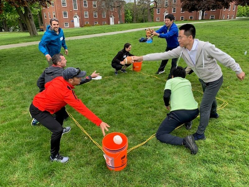 A group of people are playing a game outdoors on a grassy field. They are divided into two teams, with each team having two buckets on the ground. One team is trying to throw a white ball into their buckets, while the other team is attempting to block them. The game appears to be a fun and active team-building exercise.